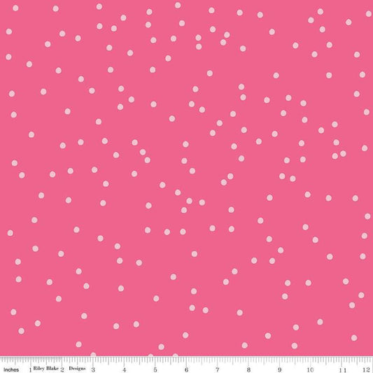 Image of On The Dot Watermelon quilting cotton fabric by Sew Yeah Quilting for Riley Blake Designs. Features dots on a pink background. Cute Little Fabric Shop