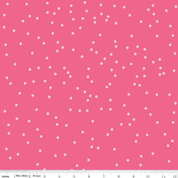 Image of On The Dot Watermelon quilting cotton fabric by Sew Yeah Quilting for Riley Blake Designs. Features dots on a pink background. Cute Little Fabric Shop