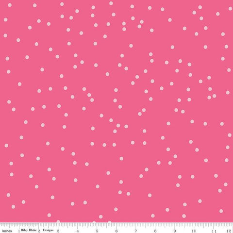 Image of On The Dot Watermelon quilting cotton fabric by Sew Yeah Quilting for Riley Blake Designs. Features dots on a pink background. Cute Little Fabric Shop