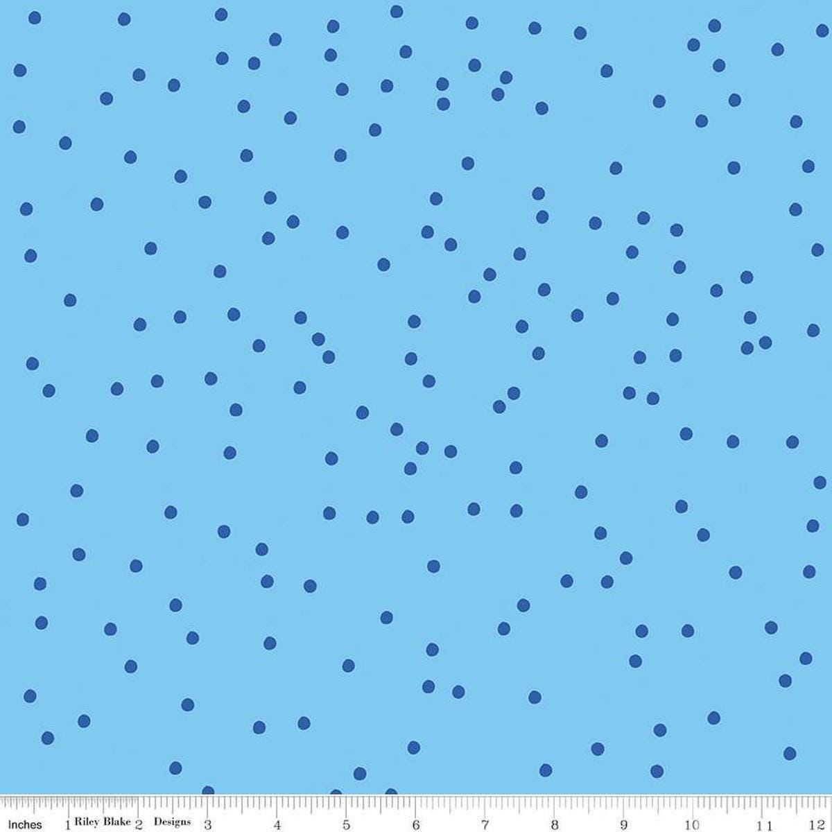 Image of On The Dot Carolina quilting cotton fabric by Sew Yeah Quilting for Riley Blake Designs. Features dots on a blue background. Cute Little Fabric Shop