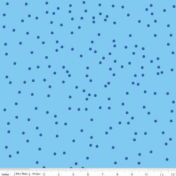 Image of On The Dot Carolina quilting cotton fabric by Sew Yeah Quilting for Riley Blake Designs. Features dots on a blue background. Cute Little Fabric Shop