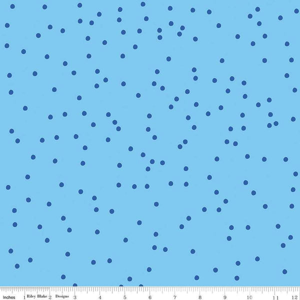 Image of On The Dot Carolina quilting cotton fabric by Sew Yeah Quilting for Riley Blake Designs. Features dots on a blue background. Cute Little Fabric Shop