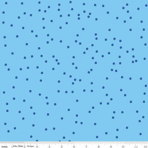 Image of On The Dot Carolina quilting cotton fabric by Sew Yeah Quilting for Riley Blake Designs. Features dots on a blue background. Cute Little Fabric Shop