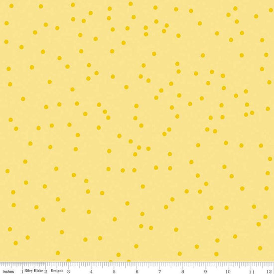 Image of On The Dot Lemonade quilting cotton fabric by Sew Yeah Quilting for Riley Blake Designs. Features dots on a yellow background. Cute Little Fabric Shop
