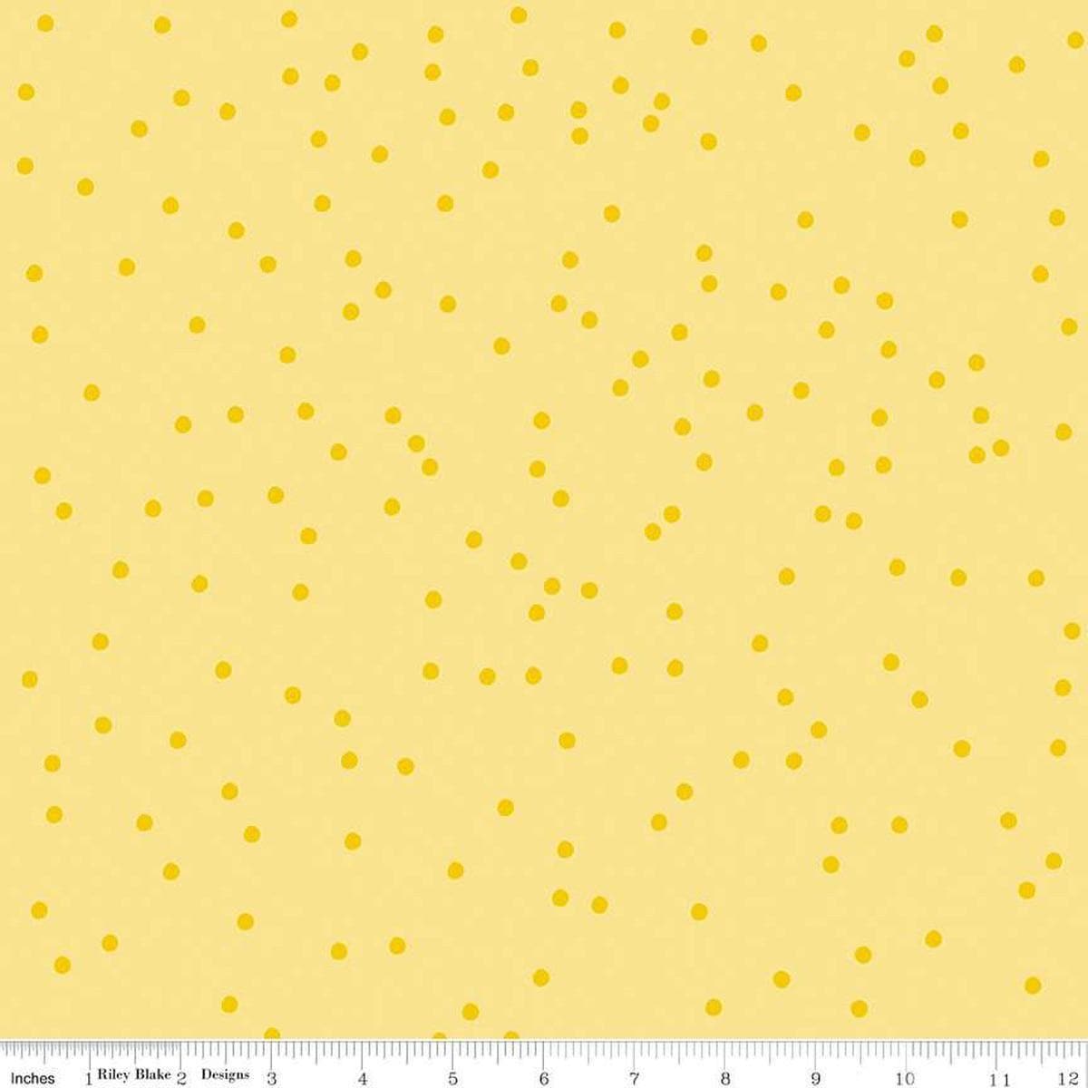 Image of On The Dot Lemonade quilting cotton fabric by Sew Yeah Quilting for Riley Blake Designs. Features dots on a yellow background. Cute Little Fabric Shop