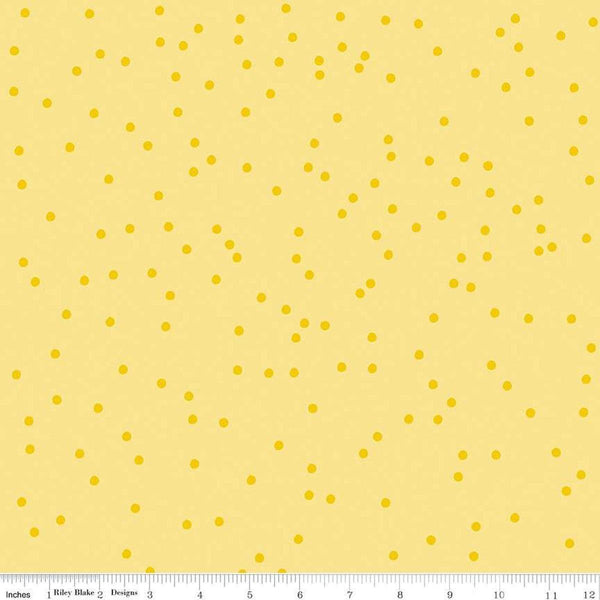 Image of On The Dot Lemonade quilting cotton fabric by Sew Yeah Quilting for Riley Blake Designs. Features dots on a yellow background. Cute Little Fabric Shop