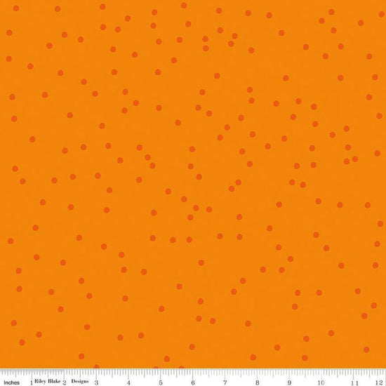 Image of On The Dot Clementine quilting cotton fabric by Sew Yeah Quilting for Riley Blake Designs. Features dots on an orange background. Cute Little Fabric Shop