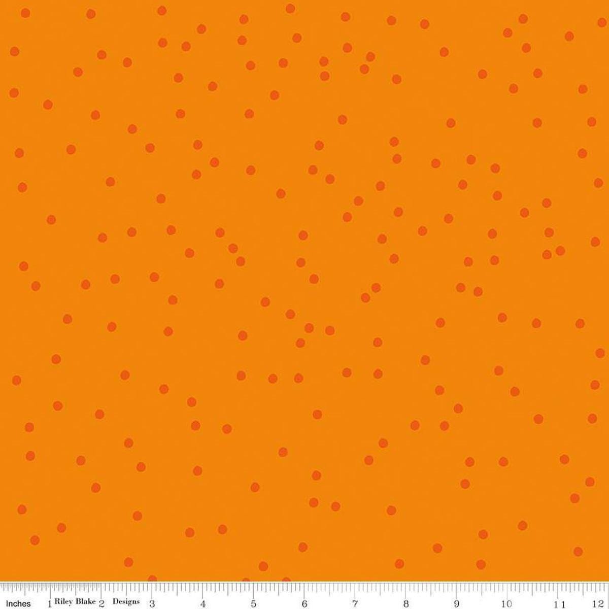 Image of On The Dot Clementine quilting cotton fabric by Sew Yeah Quilting for Riley Blake Designs. Features dots on an orange background. Cute Little Fabric Shop