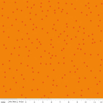 Image of On The Dot Clementine quilting cotton fabric by Sew Yeah Quilting for Riley Blake Designs. Features dots on an orange background. Cute Little Fabric Shop
