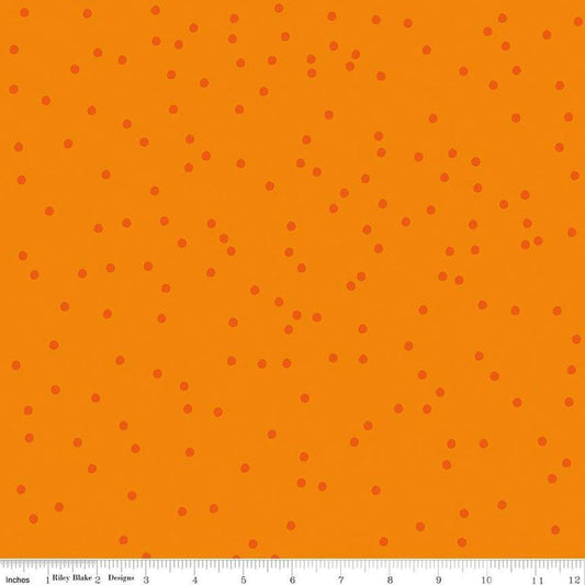 Image of On The Dot Clementine quilting cotton fabric by Sew Yeah Quilting for Riley Blake Designs. Features dots on an orange background. Cute Little Fabric Shop