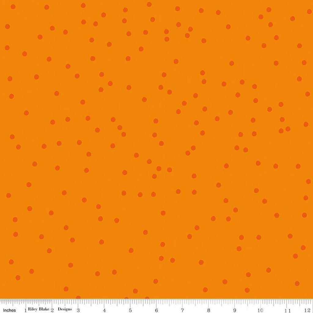 Image of On The Dot Clementine quilting cotton fabric by Sew Yeah Quilting for Riley Blake Designs. Features dots on an orange background. Cute Little Fabric Shop