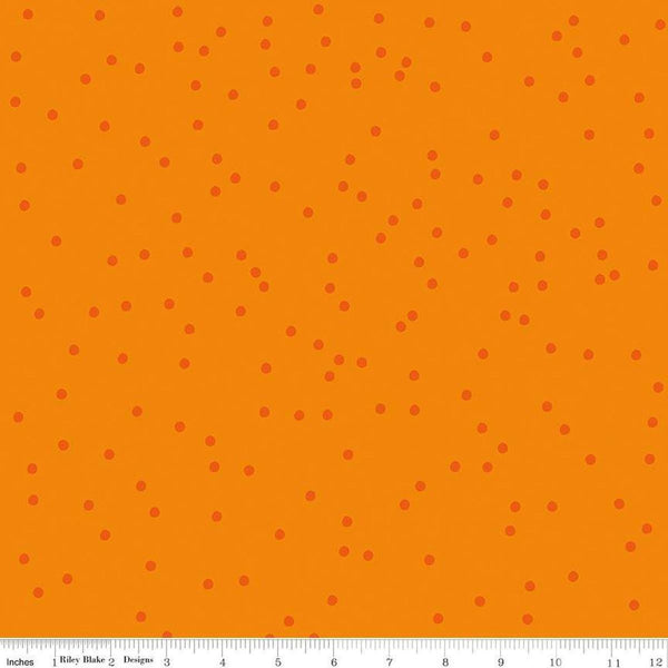 Image of On The Dot Clementine quilting cotton fabric by Sew Yeah Quilting for Riley Blake Designs. Features dots on an orange background. Cute Little Fabric Shop