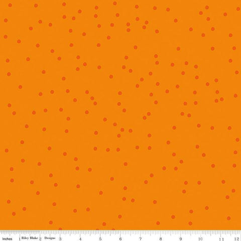 Image of On The Dot Clementine quilting cotton fabric by Sew Yeah Quilting for Riley Blake Designs. Features dots on an orange background. Cute Little Fabric Shop