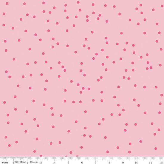 Image of On The Dot Blossom quilting cotton fabric by Sew Yeah Quilting for Riley Blake Designs. Features dots on a pink background. Cute Little Fabric Shop