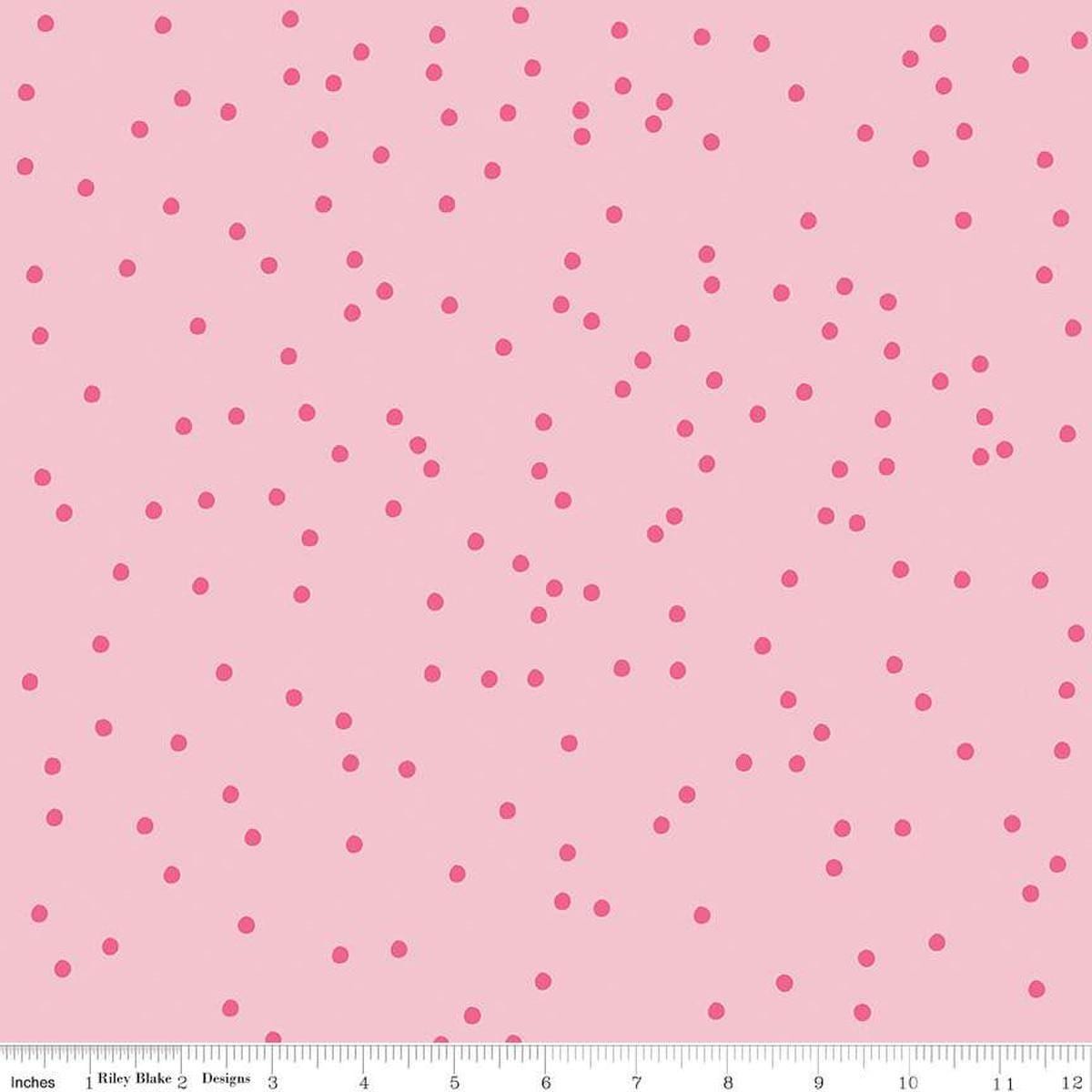 Image of On The Dot Blossom quilting cotton fabric by Sew Yeah Quilting for Riley Blake Designs. Features dots on a pink background. Cute Little Fabric Shop