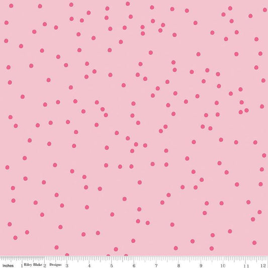 Image of On The Dot Blossom quilting cotton fabric by Sew Yeah Quilting for Riley Blake Designs. Features dots on a pink background. Cute Little Fabric Shop