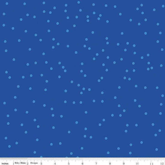 Image of On The Dot Royal quilting cotton fabric by Sew Yeah Quilting for Riley Blake Designs. Features dots on a blue background. Cute Little Fabric Shop