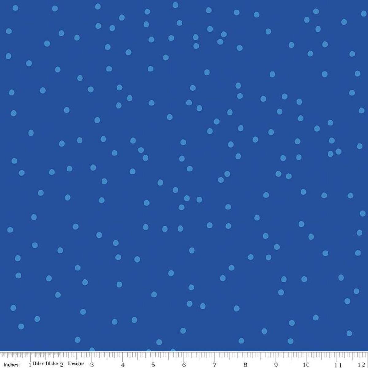 Image of On The Dot Royal quilting cotton fabric by Sew Yeah Quilting for Riley Blake Designs. Features dots on a blue background. Cute Little Fabric Shop