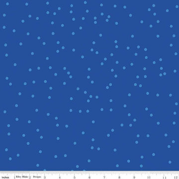 Image of On The Dot Royal quilting cotton fabric by Sew Yeah Quilting for Riley Blake Designs. Features dots on a blue background. Cute Little Fabric Shop