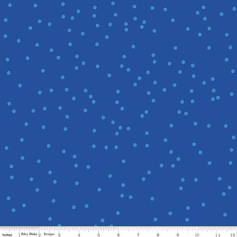 Image of On The Dot Royal quilting cotton fabric by Sew Yeah Quilting for Riley Blake Designs. Features dots on a blue background. Cute Little Fabric Shop