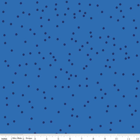 Image of On The Dot Sapphire quilting cotton fabric by Sew Yeah Quilting for Riley Blake Designs. Features dots on a blue background. Cute Little Fabric Shop