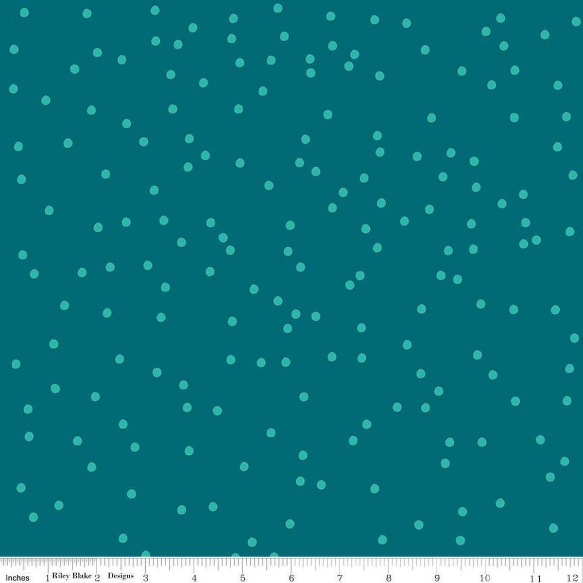 Image of On The Dot Ocean Green quilting cotton fabric by Sew Yeah Quilting for Riley Blake Designs. Features dots on a blue background. Cute Little Fabric Shop