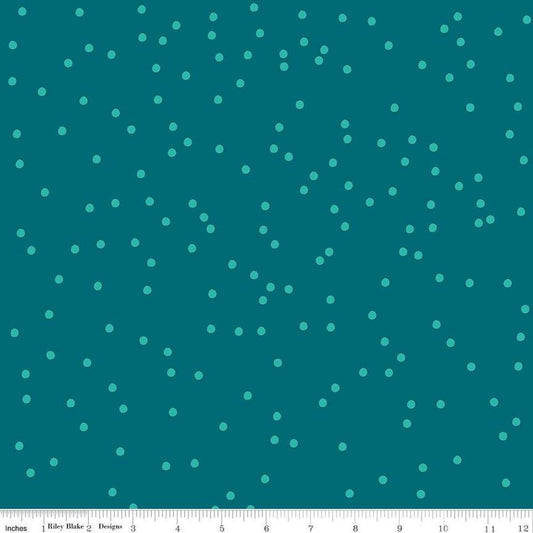 Image of On The Dot Ocean Green quilting cotton fabric by Sew Yeah Quilting for Riley Blake Designs. Features dots on a blue background. Cute Little Fabric Shop