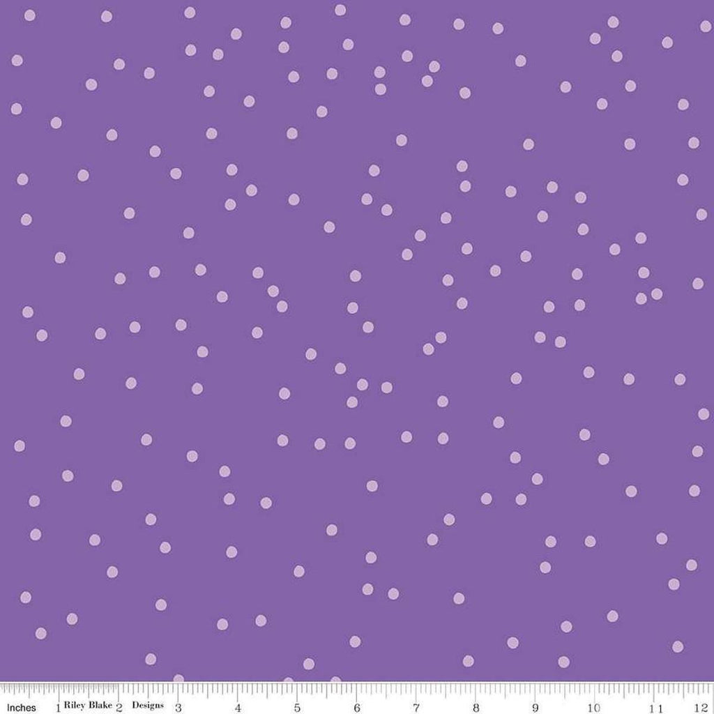 Image of On The Dot Elderberry quilting cotton fabric by Sew Yeah Quilting for Riley Blake Designs. Features dots on a purple background. Cute Little Fabric Shop