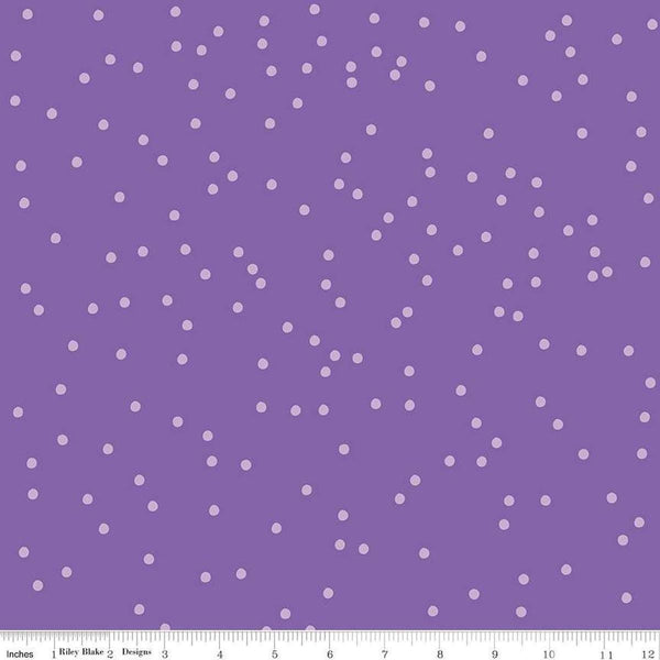 Image of On The Dot Elderberry quilting cotton fabric by Sew Yeah Quilting for Riley Blake Designs. Features dots on a purple background. Cute Little Fabric Shop