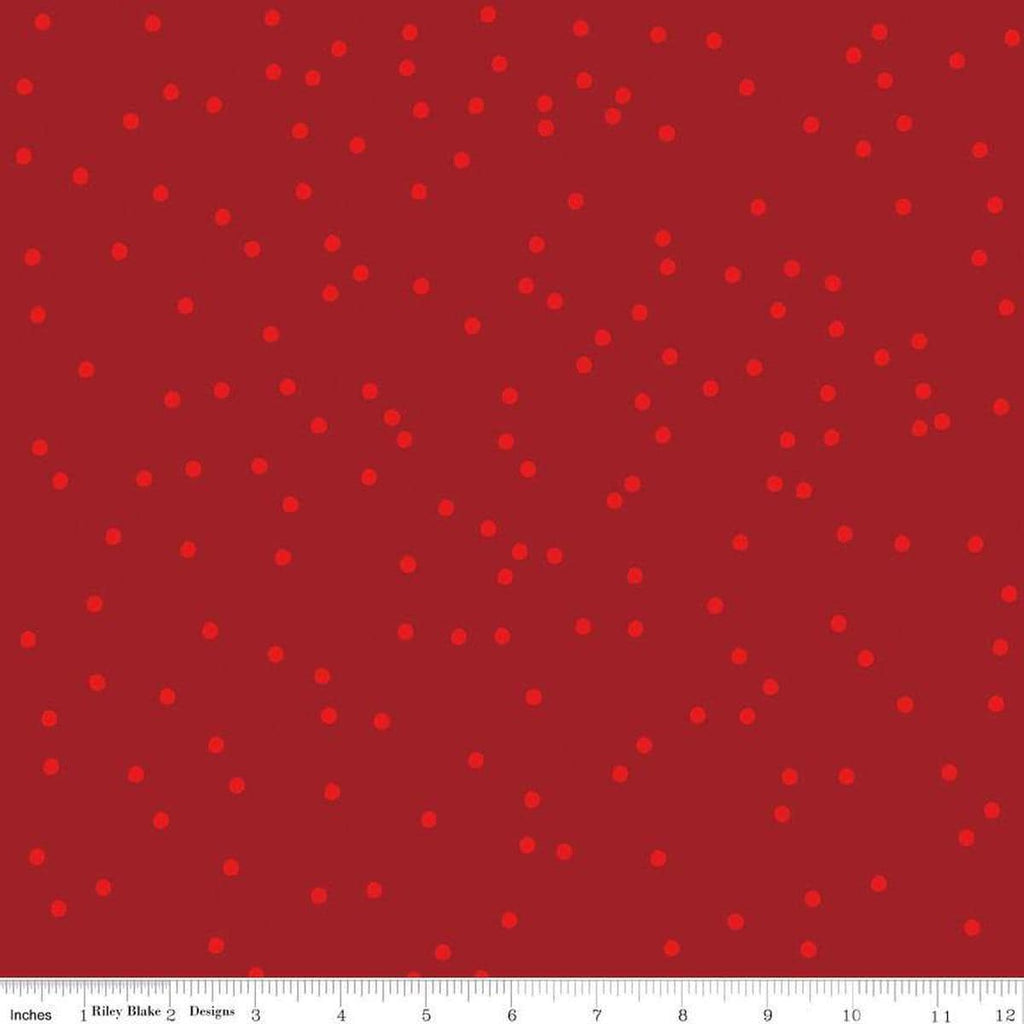 Image of On The Dot Crimson quilting cotton fabric by Sew Yeah Quilting for Riley Blake Designs. Features dots on a red background. Cute Little Fabric Shop