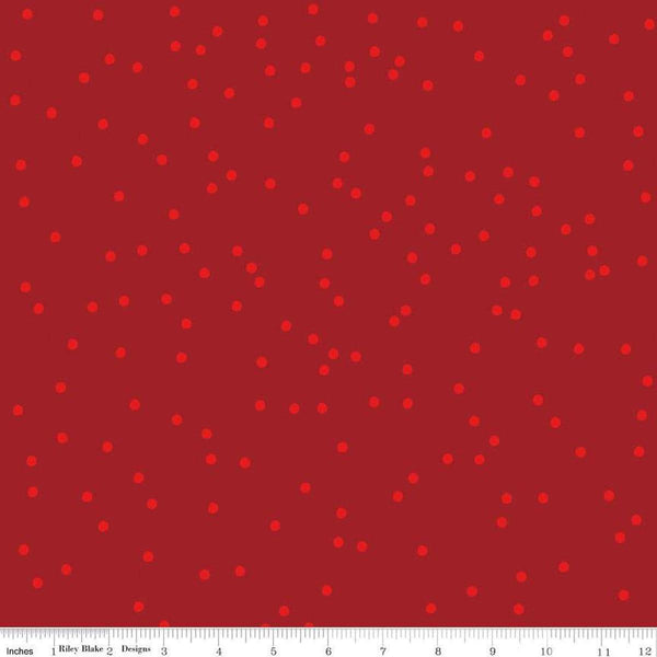 Image of On The Dot Crimson quilting cotton fabric by Sew Yeah Quilting for Riley Blake Designs. Features dots on a red background. Cute Little Fabric Shop