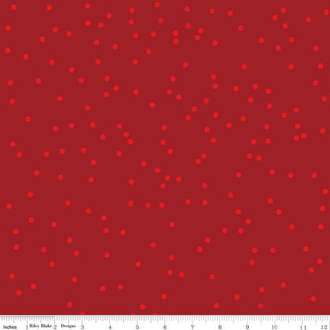 Image of On The Dot Crimson quilting cotton fabric by Sew Yeah Quilting for Riley Blake Designs. Features dots on a red background. Cute Little Fabric Shop