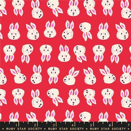 Image of Hello Alice Rabbit Ruby quilting cotton fabric by Ruby Star Society for Moda Fabrics. Features rabbits on a red background. Cute Little Fabric Shop