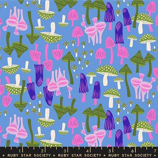 Image of Hello Alice Mushroom Lindley Blue quilting cotton fabric by Ruby Star Society for Moda Fabrics. Features mushrooms on a blue background. Cute Little Fabric Shop
