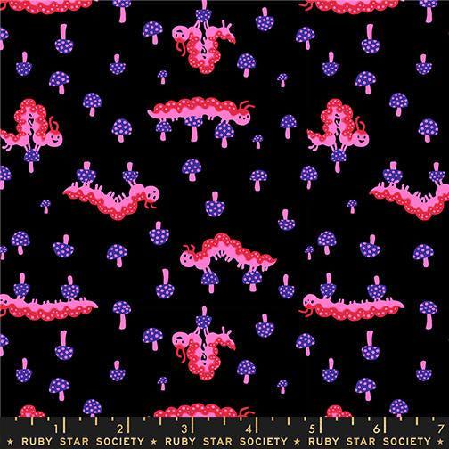 Image of Hello Alice Caterpillar Black quilting cotton fabric by Ruby Star Society for Moda Fabrics. Features caterpillars on a black background. Cute Little Fabric Shop