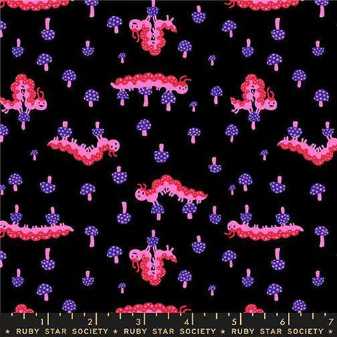 Image of Hello Alice Caterpillar Black quilting cotton fabric by Ruby Star Society for Moda Fabrics. Features caterpillars on a black background. Cute Little Fabric Shop