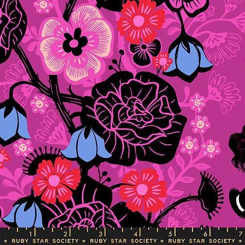 Image of Hello Alice Floral Berry quilting cotton fabric by Ruby Star Society for Moda Fabrics. Features flowers on a purple background. Cute Little Fabric Shop