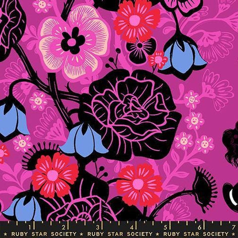 Image of Hello Alice Floral Berry quilting cotton fabric by Ruby Star Society for Moda Fabrics. Features flowers on a purple background. Cute Little Fabric Shop