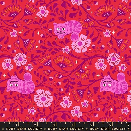 Image of Hello Alice Cheshire Ruby quilting cotton fabric by Ruby Star Society for Moda Fabrics. Features flowers on a red background. Cute Little Fabric Shop