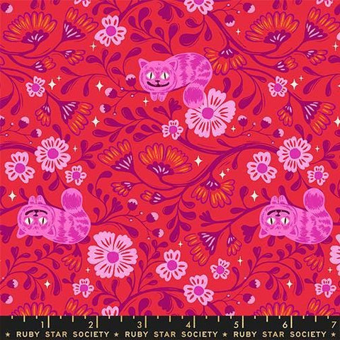 Image of Hello Alice Cheshire Ruby quilting cotton fabric by Ruby Star Society for Moda Fabrics. Features flowers on a red background. Cute Little Fabric Shop