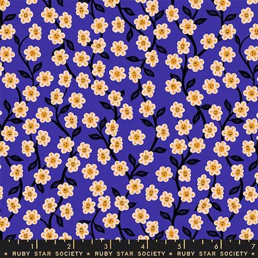 Image of Hello Alice Garden Blacklight quilting cotton fabric by Ruby Star Society for Moda Fabrics. Features flowers on a blue background. Cute Little Fabric Shop
