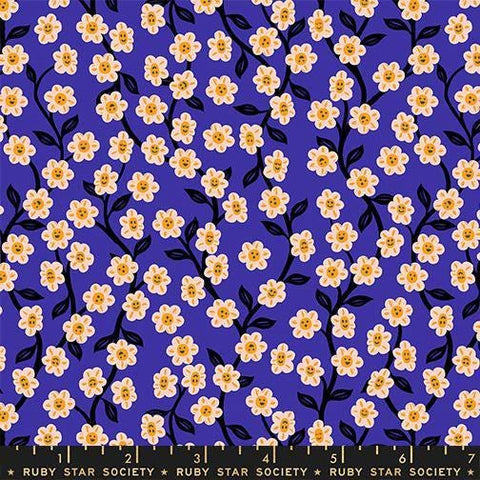 Image of Hello Alice Garden Blacklight quilting cotton fabric by Ruby Star Society for Moda Fabrics. Features flowers on a blue background. Cute Little Fabric Shop