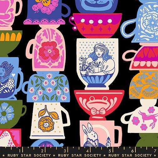 Image of Hello Alice Tea Black quilting cotton fabric by Ruby Star Society for Moda Fabrics. Features teacups on a black background. Cute Little Fabric Shop