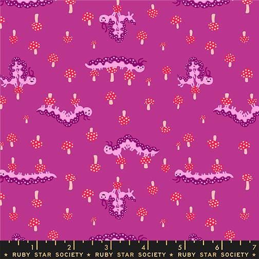 Image of Hello Alice Caterpillar Berry quilting cotton fabric by Ruby Star Society for Moda Fabrics. Features caterpillars on a purple background. Cute Little Fabric Shop