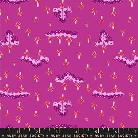 Image of Hello Alice Caterpillar Berry quilting cotton fabric by Ruby Star Society for Moda Fabrics. Features caterpillars on a purple background. Cute Little Fabric Shop