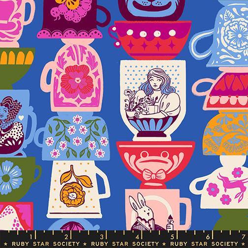 Image of Hello Alice Tea Blue Ribbon quilting cotton fabric by Ruby Star Society for Moda Fabrics. Features teacups on a blue background. Cute Little Fabric Shop