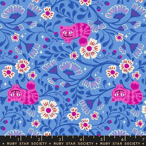 Image of Hello Alice Cheshire Lindley Blue quilting cotton fabric by Ruby Star Society for Moda Fabrics. Features flowers on a blue background. Cute Little Fabric Shop