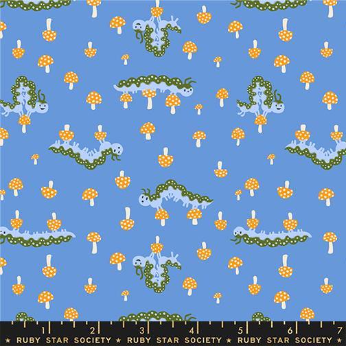 Image of Hello Alice Caterpillar Lindley Blue quilting cotton fabric by Ruby Star Society for Moda Fabrics. Features caterpillars on a blue background. Cute Little Fabric Shop