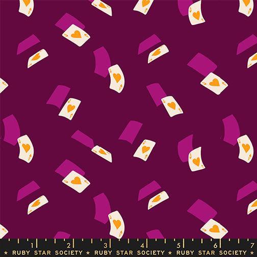 Image of Hello Alice Aces Purple Velvet quilting cotton fabric by Ruby Star Society for Moda Fabrics. Features cards on a purple background. Cute Little Fabric Shop