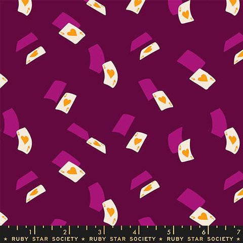 Image of Hello Alice Aces Purple Velvet quilting cotton fabric by Ruby Star Society for Moda Fabrics. Features cards on a purple background. Cute Little Fabric Shop